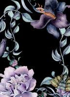 acquerello telaio di viola rosa giglio fiori isolato su nero. Gotico floreale botanico fogliame illustrazione mano disegnato. Gotico nozze decorazione nel Vintage ▾ stile. elemento per invito, pacchetto vettore