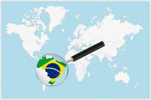 ingrandimento bicchiere mostrando un' carta geografica di brasile su un' mondo carta geografica. vettore