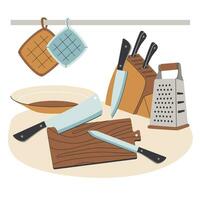un' composizione di cucina elementi coltelli, taglio tavola e grattugia. preparazione di prodotti per cucinando. vettore illustrazione