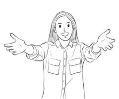 giovane femmina benvenuto Aperto mano posa personaggio cartone animato illustrazione vettore