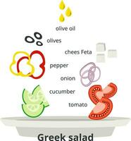 Infografica di il ricetta per greco insalata. ingredienti, verdure per insalata. piatto stile. vettore illustrazione