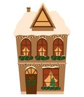 europeo Casa edificio con Natale decorazione su facciata. carino piatto casa con neve su tetto, decorato per natale, inverno vacanza. vettore illustrazione isolato su bianca sfondo