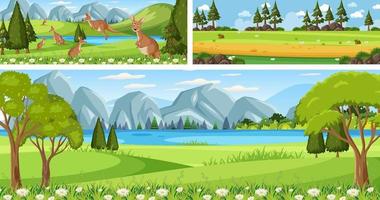 set di diverse scene di paesaggi panoramici all'aperto con personaggio dei cartoni animati vettore