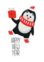 nuovo anno cartolina con carino danza pinguino, detiene regalo scatola per vacanza vettore