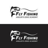 pesca club logo design con creativo pescatore e salto pesce. vettore