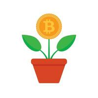 crescita po moneta. crypto in vaso pianta. vettore bitcoin finanza, finanziario crypto in crescita, BTC profitto aumentare illustrazione