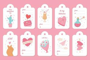 San Valentino giorno etichette, tag collezione decorato con scarabocchi e testo per regalo arredamento, stampe, adesivi, carte, segni, eccetera. eps 10 vettore