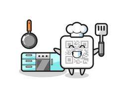 illustrazione del carattere del codice qr mentre uno chef sta cucinando vettore