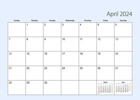 parete calendario progettista per aprile 2024. inglese linguaggio, settimana inizia a partire dal domenica. vettore