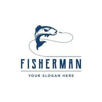 pesca club logo design con creativo pescatore e salto pesce. vettore