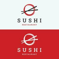 giapponese cibo Sushi logo design con attraversato bacchette. logo per ristorante, attività commerciale, sbarra. vettore