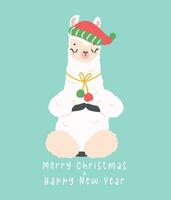 carino Natale lama fare meditazione saluto carta nel inverno tema, kawaii contento nuovo anno cartone animato animale mano disegno illustrazione vettore