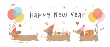 carino contento nuovo anno carta bandiera con bassotto salsiccia cani festa. kawaii saluto carta cartone animato mano disegno piatto design grafico illustrazione. vettore