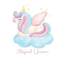 carino unicorno con ala su nube acquerello sognante asilo arte illustrazione. magico unicorno. vettore