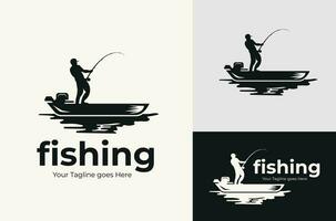 Vintage ▾ retrò illustrazione silhouette di un' uomo pesca su un' lago pesca barca pesca vettore design