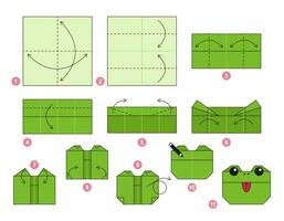 rana origami schema lezione in movimento modello. origami per bambini. passo di passo Come per rendere un' carino origami anfibio. vettore illustrazione.