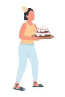 ragazza con torta di compleanno carattere vettoriale semi piatto a colori