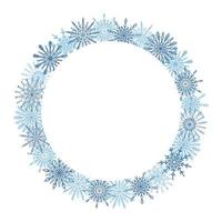 bella stagione invernale, natale, capodanno cornice rotonda, corona con fiocchi di neve blu disegnati a mano isolati su sfondo bianco. modello di design festivo invernale con spazio di copia vuoto vettore