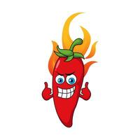 carino rosso caldo sorridente chili cartone animato personaggi illustrazione disegno, chili Pepe portafortuna con Due pollici su nel fuoco modello vettore
