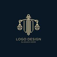 iniziale uo logo con scudo e bilancia di giustizia, lusso e moderno legge azienda logo design vettore