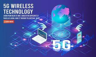 3d isometrico 5g senza fili Rete concetto con Internet di le cose, 5g Rete, smartphone router, inteligente casa. vettore illustrazione eps10