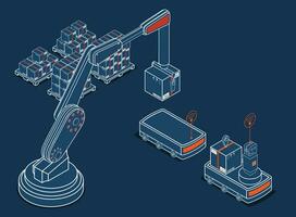 automazione industria 4.0 concetto con robot braccio e cartone scatole su autonomo robot mezzi di trasporto operazione servizio. vettore illustrazione eps10