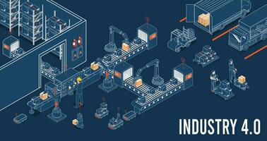 3d isometrico industria 4.0 concetto con Internet di le cose, nube informatica, ai e macchina apprendimento, bordo informatica, sicurezza informatica e digitale gemello. vettore illustrazione eps10