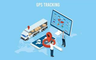 3d isometrico In tutto il mondo GPS puntamento concetto con camion, carta geografica GPS navigazione, tenere sotto controllo con carta geografica e ingrandimento bicchiere. vettore illustrazione eps10