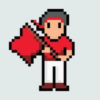 pixel arte uomo Tenere un' rosso bandiera vettore