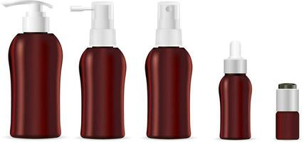 realistico Marrone cosmetico bottiglie con distributore pompa per liquido crema , unguento, lozione, shampoo, sapone, olio. vettore finto su modello.