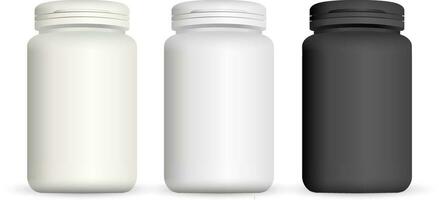 realistico plastica bottiglie nero e bianca finto su modello impostato di medicina pacchetto per pillole, capsula, droghe. vettore