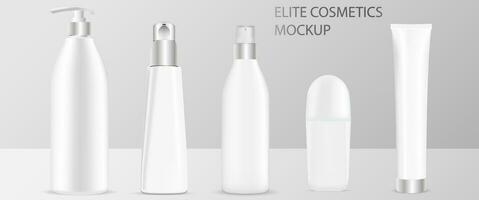 cosmetico bottiglie confezione modello. vettore illustrazione di elite cosmetici bottiglie con spray, distributore e contagocce, crema tubo, deodorante rotolo. alto qualità modello pronto per il tuo design.