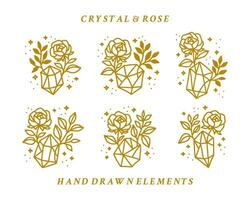 collezione di mano disegnato magico elementi con cristallo, rosa fiori, stelle, foglia ramo per femminile icona, bellezza logo, emblema, e altro scopi vettore