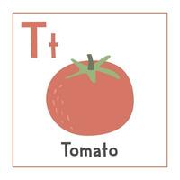 pomodoro clipart. pomodoro vettore illustrazione cartone animato piatto stile. verdure inizio con lettera t. verdura alfabeto carta. apprendimento lettera t carta. bambini formazione scolastica. carino pomodoro vettore design