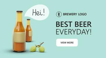 divertente 3d cartone animato bottiglia di birra. sito web pagina con pulsante Visualizza di più. pubblicità manifesto vettore