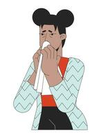 africano americano ragazza con allergico rinite 2d lineare cartone animato carattere. fazzoletto di carta starnuti nero femmina isolato linea vettore persona bianca sfondo. mattina malattia colore piatto individuare illustrazione