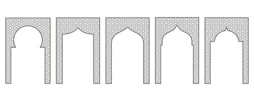 islamico telaio con arco e ornamento. Ramadan cancello su geometrico sfondo per nozze invito design. vettore orientale decorazioni impostare.