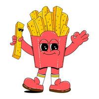 francese patatine fritte personaggio nel retrò cartone animato style.vector illustrazione di veloce cibo con divertente viso, braccia e gambe su isolato bianca sfondo. vettore