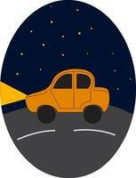 giallo auto guida su nel il notte vettore illustrazione su bianca sfondo.