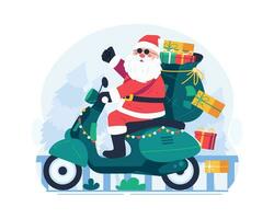 Santa Claus equitazione un' scooter, trasporto un' sacco pieno di i regali. allegro Natale concetto illustrazione vettore