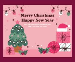 allegro Natale e contento nuovo anno, saluto carte, manifesti, vacanza copertine. colorato moderno Natale disegno, verde, rosso, giallo e bianca. Natale albero, palle, abete rosso rami, regalo elementi. vettore