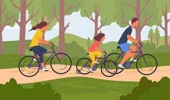 cartone animato colore personaggi persone famiglia equitazione Bici insieme concetto. vettore