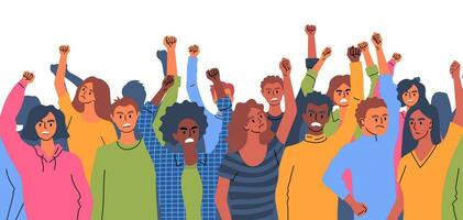 cartone animato colore personaggi persone supporto movimento e protestare folla manifestanti pugni concetto. vettore