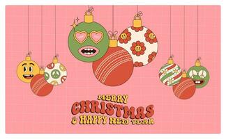 cricket allegro Natale e contento nuovo anno Groovy gli sport saluto carta. sospeso palla come un' Groovy Natale palla su vivace sfondo. vettore illustrazione.