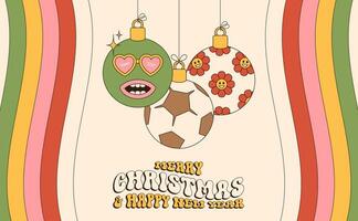 calcio allegro Natale e contento nuovo anno Groovy gli sport saluto carta. sospeso palla come un' Groovy Natale palla su vivace sfondo. vettore illustrazione.