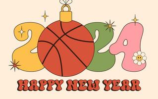 pallacanestro Groovy contento nuovo anno 2024 con sfera. gli sport Groovy saluto carta con sport sfera. vettore illustrazione