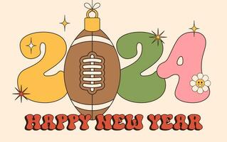 Rugby Groovy contento nuovo anno 2024 con sfera. gli sport Groovy saluto carta con sport sfera. vettore illustrazione