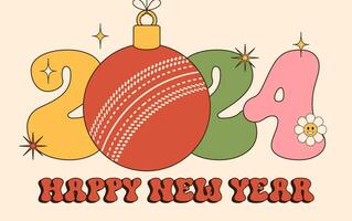 cricket Groovy contento nuovo anno 2024 con sfera. gli sport Groovy saluto carta con sport sfera. vettore illustrazione