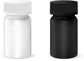 farmaceutico droga bottiglia per pillole, capsule. nero e bianca contenitore finto su. 3d vettore illustrazione.