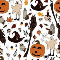 vettore senza cuciture halloween eps. pozione scarabocchio e simboli wiccan, zucca e teschio, funghi e foglie d'autunno